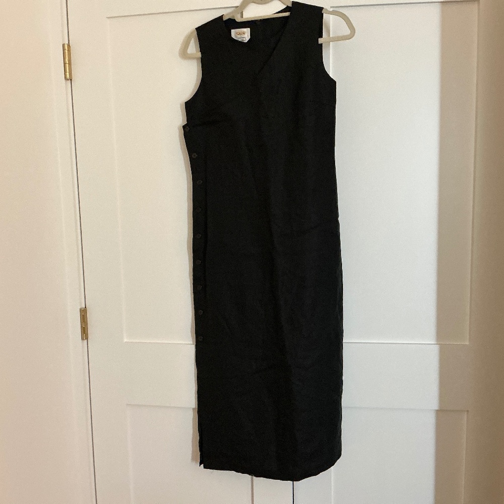 Talbots Sleeveless Black Long Irish Linen Dress with cross front buttons sides